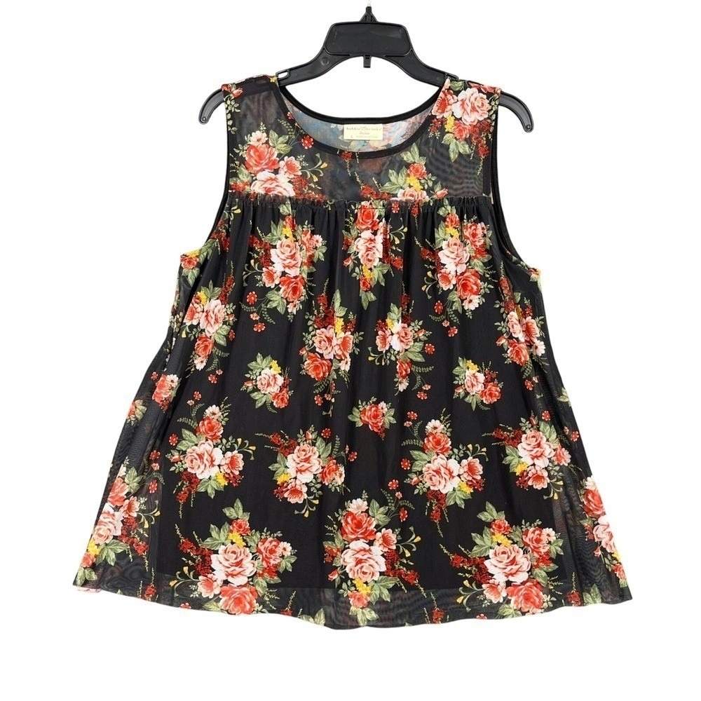 Bobbie Brooks Sleeveless Mesh Top Womens L Floral Print Sheer Overlay Casual